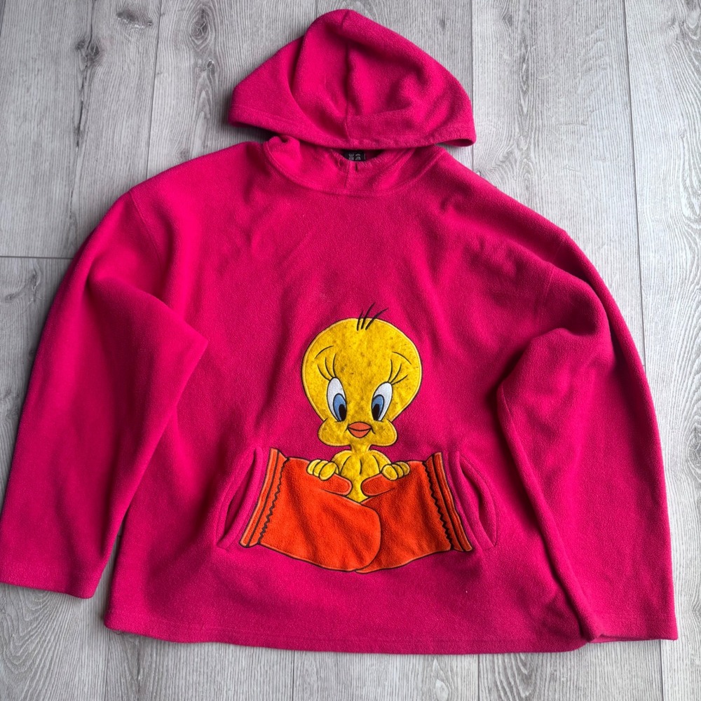 Vintage Warner Bros Studio Store Tweety Bird Pink Fleece Hoodie M Looney Tunes